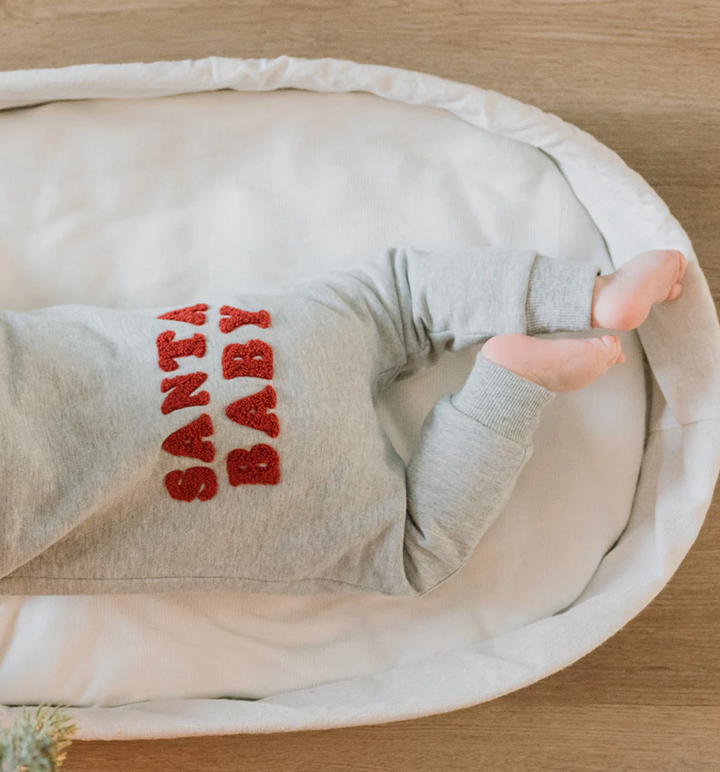 Santa Baby Fleece Christmas jumpsuit in Heather grey details
