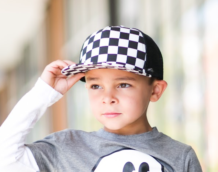 Children's Checkered Trucker SnapBack Hat in Black and White