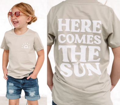 Trilogy Design Co - Here Comes the Sun Tee in Tan (front/back graphic)