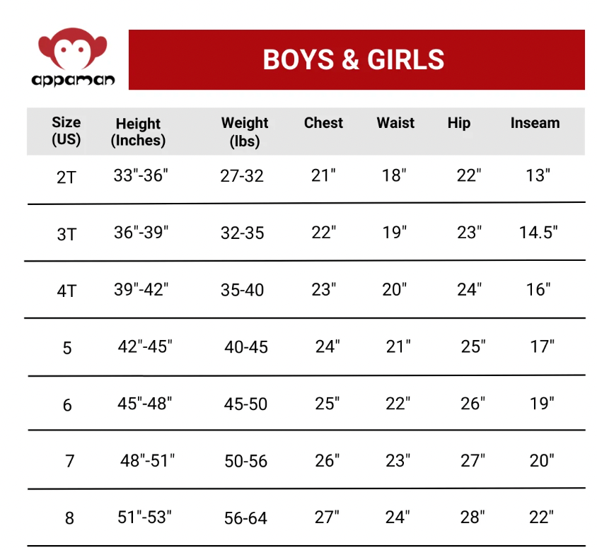 Girls' Clothing Size Chart.