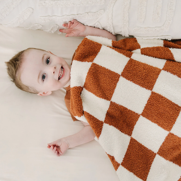 Mebie Baby - Plush Lovey Blanket in Rust Checkers 15"x20"