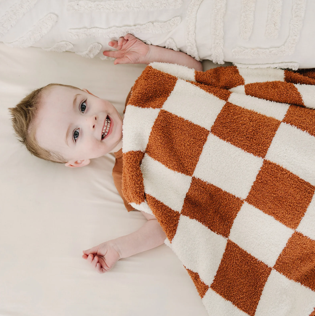 Mebie Baby - Plush Children's Blanket in Rust Checkers 45"x60"