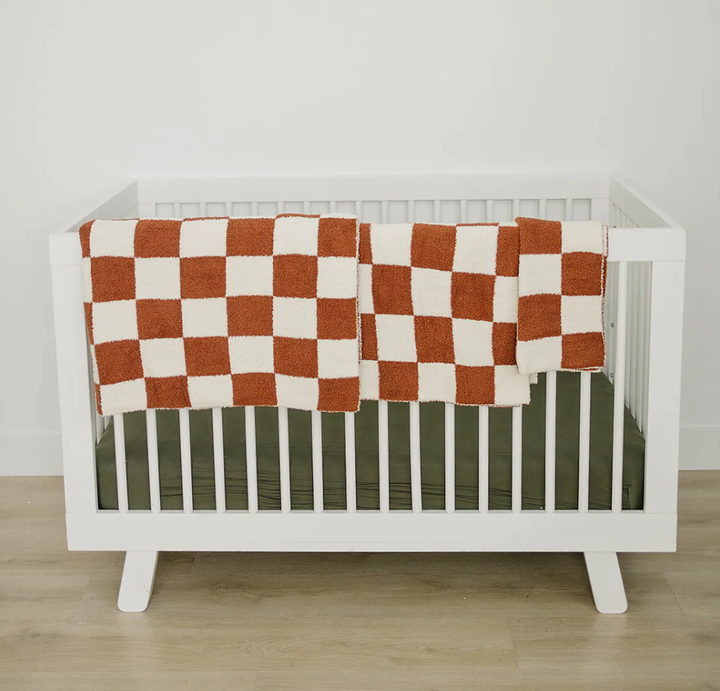 Mebie Baby - Plush Baby Blanket in Rust Checkers 30"x40"