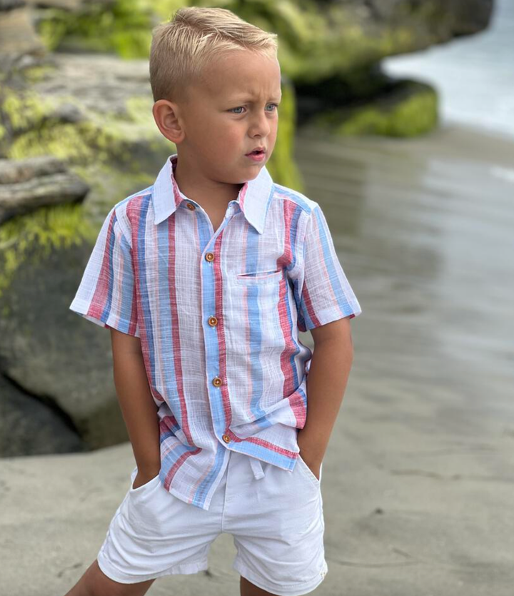 boys red white blue short sleeve button up 