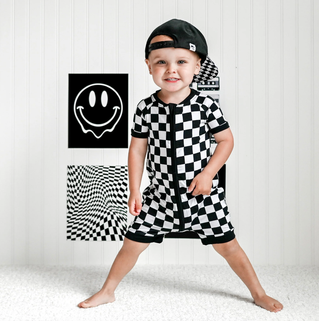 black and white checkers baby shorts romper
