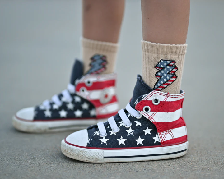 Kickin It Up Socks - Red, White, and Bolt in Tan