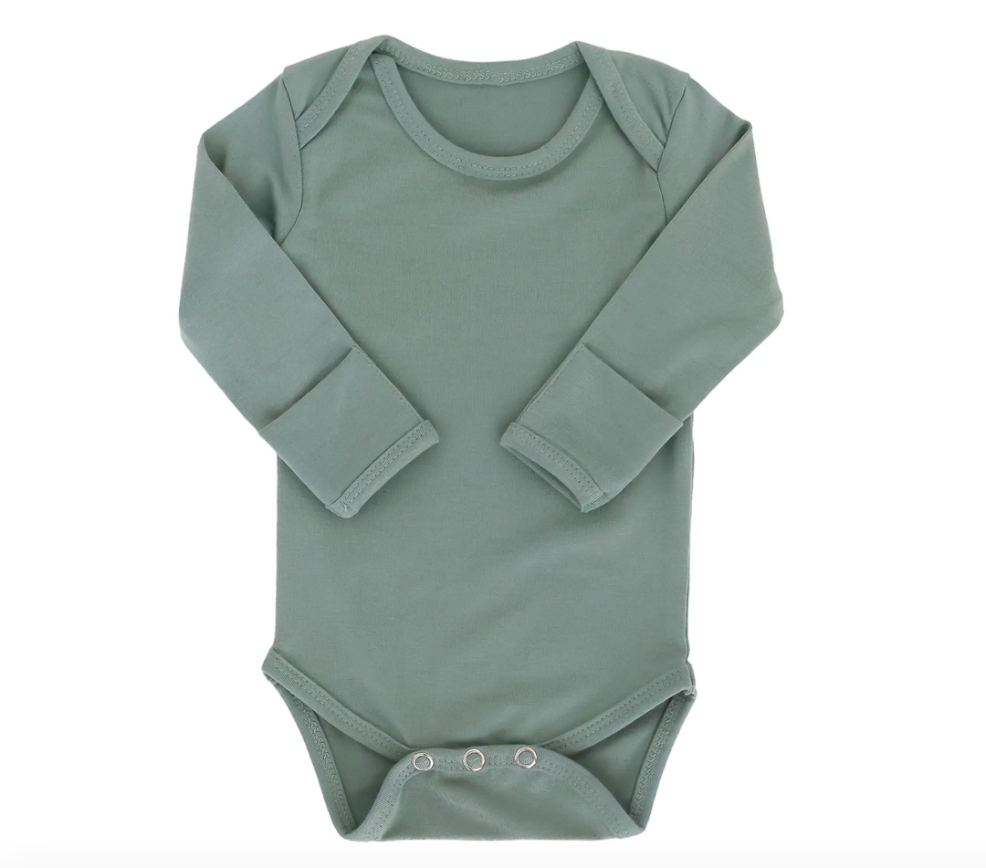 Copper Pearl baby onesie in briar green