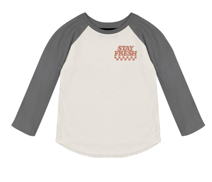 Tiny Whales - 'Stay Fresh' LS Raglan in Vintage Black/Natural (front/back graphic)