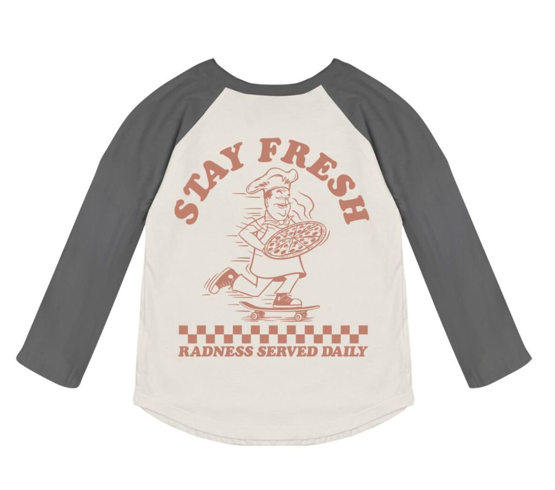 Tiny Whales - 'Stay Fresh' LS Raglan in Vintage Black/Natural (front/back graphic)