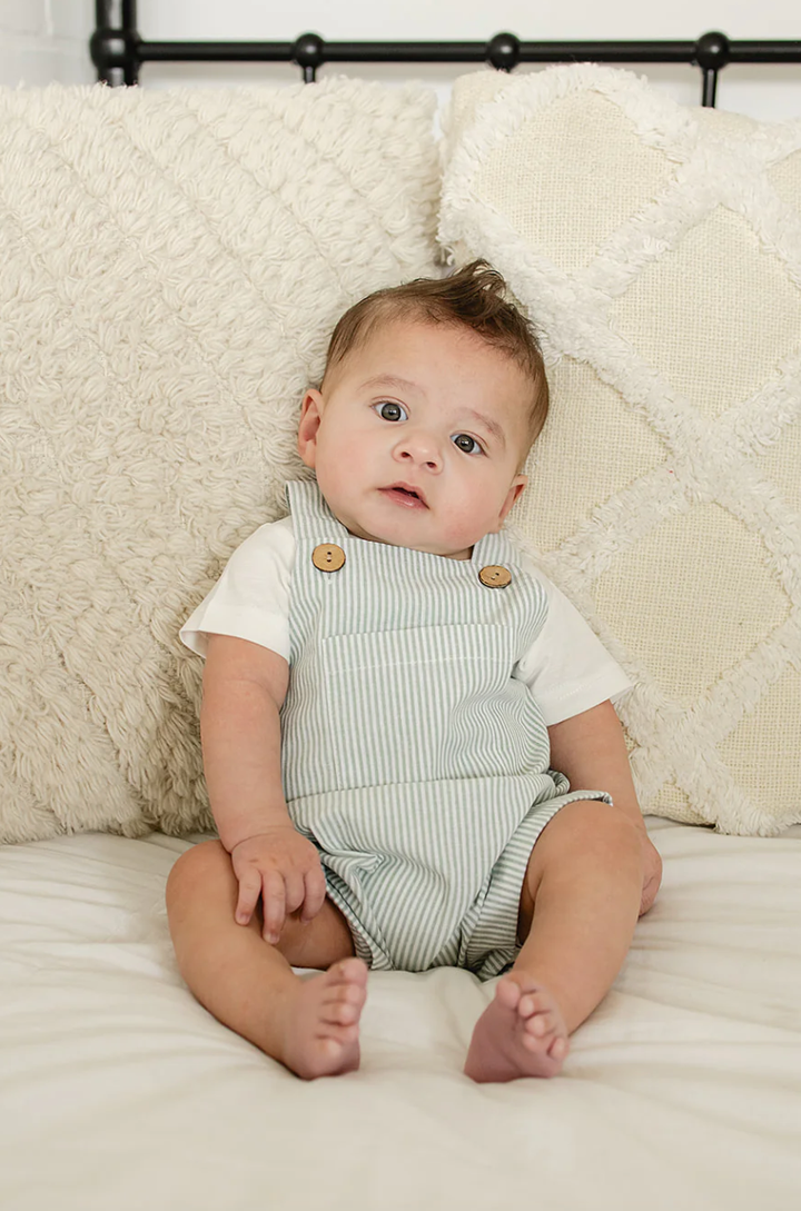 Mebie Baby - Linen Shorts Overalls in Green Stripes (18mo)