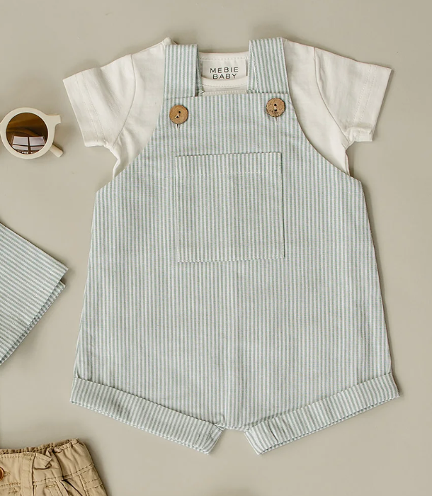 Mebie Baby - Linen Shorts Overalls in Green Stripes (18mo)
