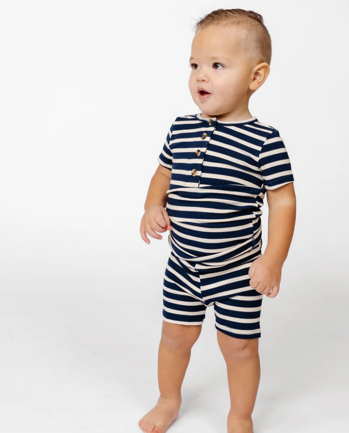 Lou Lou & Co - Infant Jack Ribbed Shortie Top + Bottom Set in Navy Stripes
