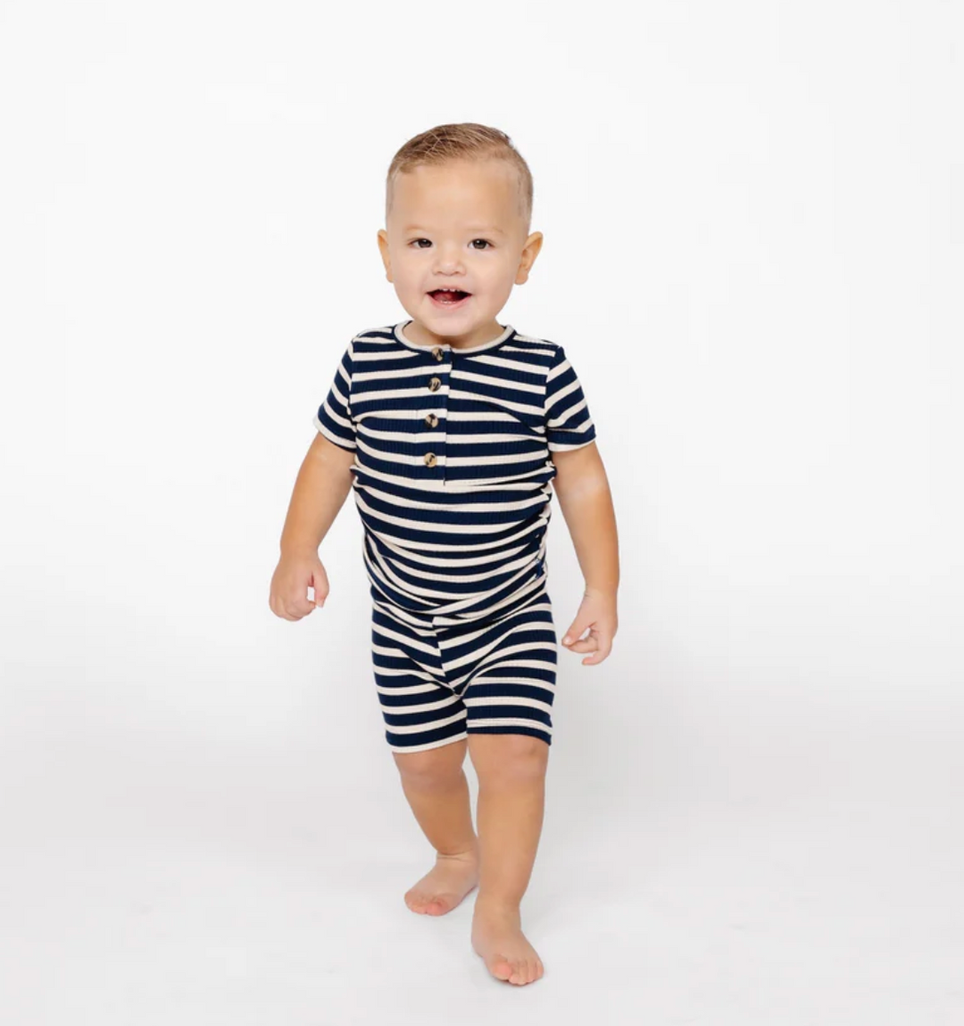 Lou Lou & Co - Infant Jack Ribbed Shortie Top + Bottom Set in Navy Stripes