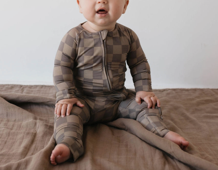 Forever French Baby - Bamboo Zip Pajamas in Brown Checkerboard