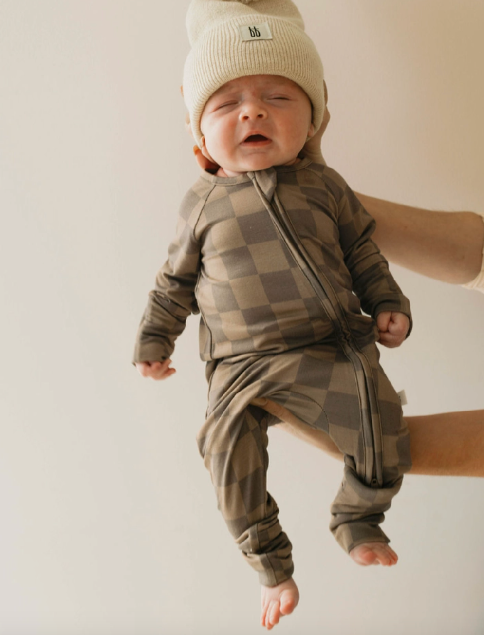 Forever French Baby - Bamboo Zip Pajamas in Brown Checkerboard