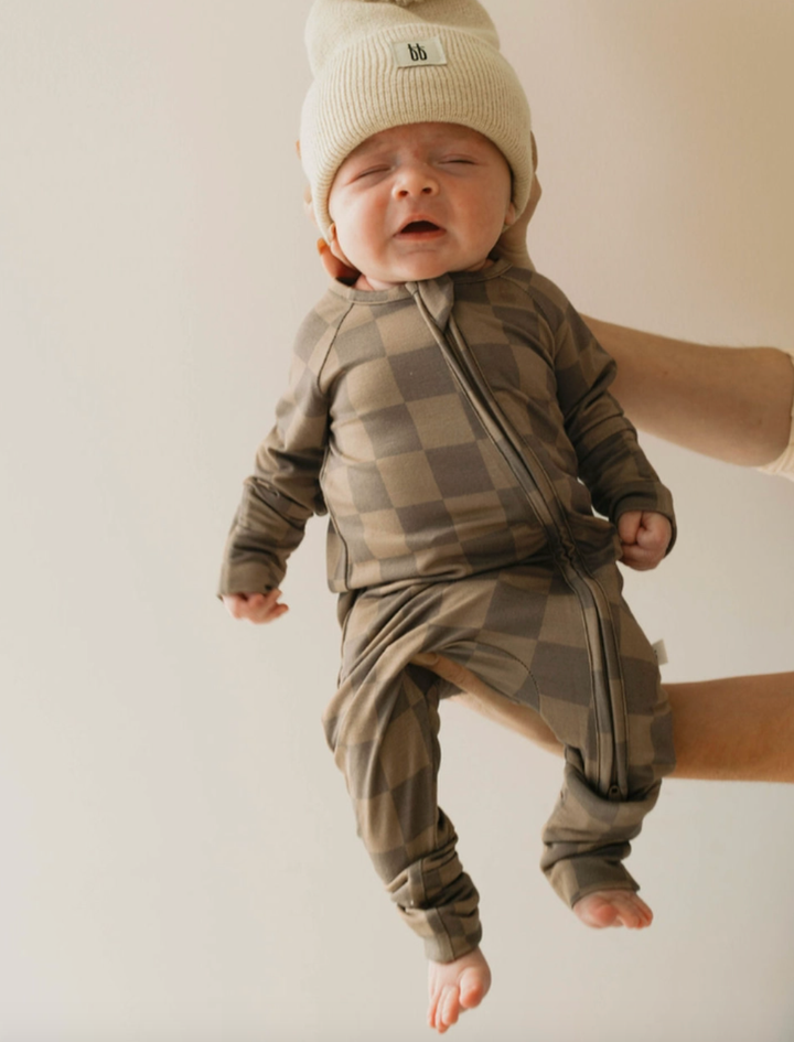 Forever French Baby - Bamboo Zip Pajamas in Brown Checkerboard