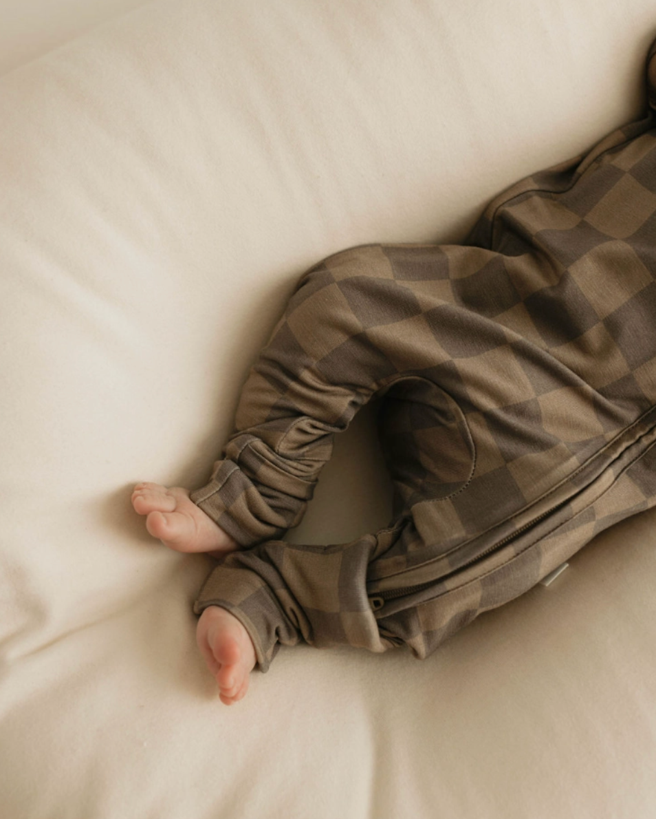 Forever French Baby - Bamboo Zip Pajamas in Brown Checkerboard