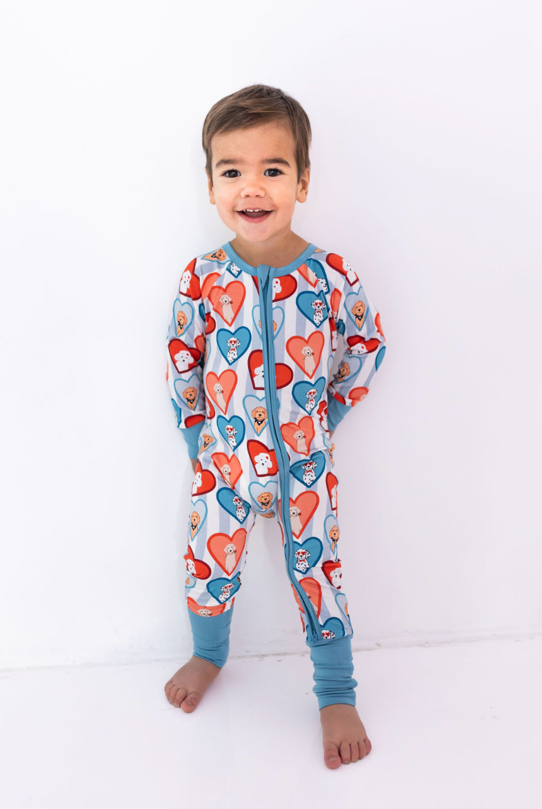 In My Jammers - Fur-Ever Valentine Zipper Romper in Blue