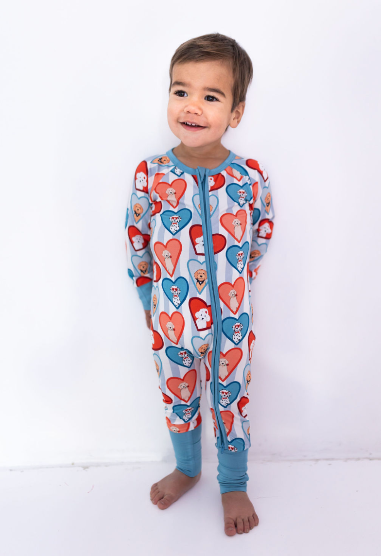 In My Jammers - Fur-Ever Valentine Zipper Romper in Blue