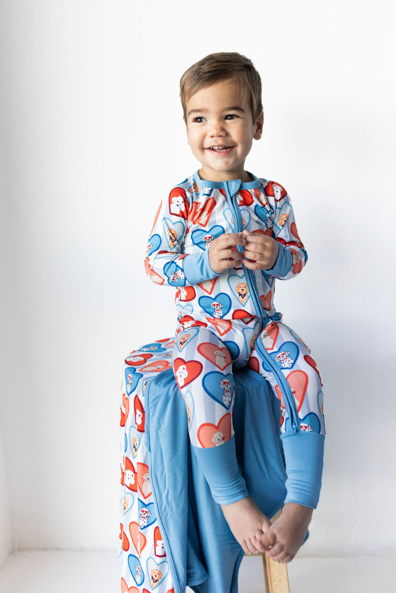 In My Jammers - Fur-Ever Valentine Zipper Romper in Blue
