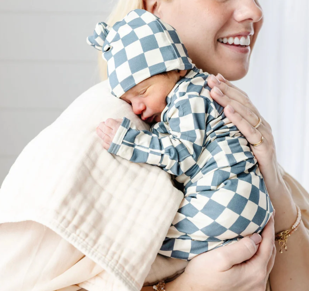 Lou Lou & Co - Infant Miles Knotted Hat in Cream/Blue Checks