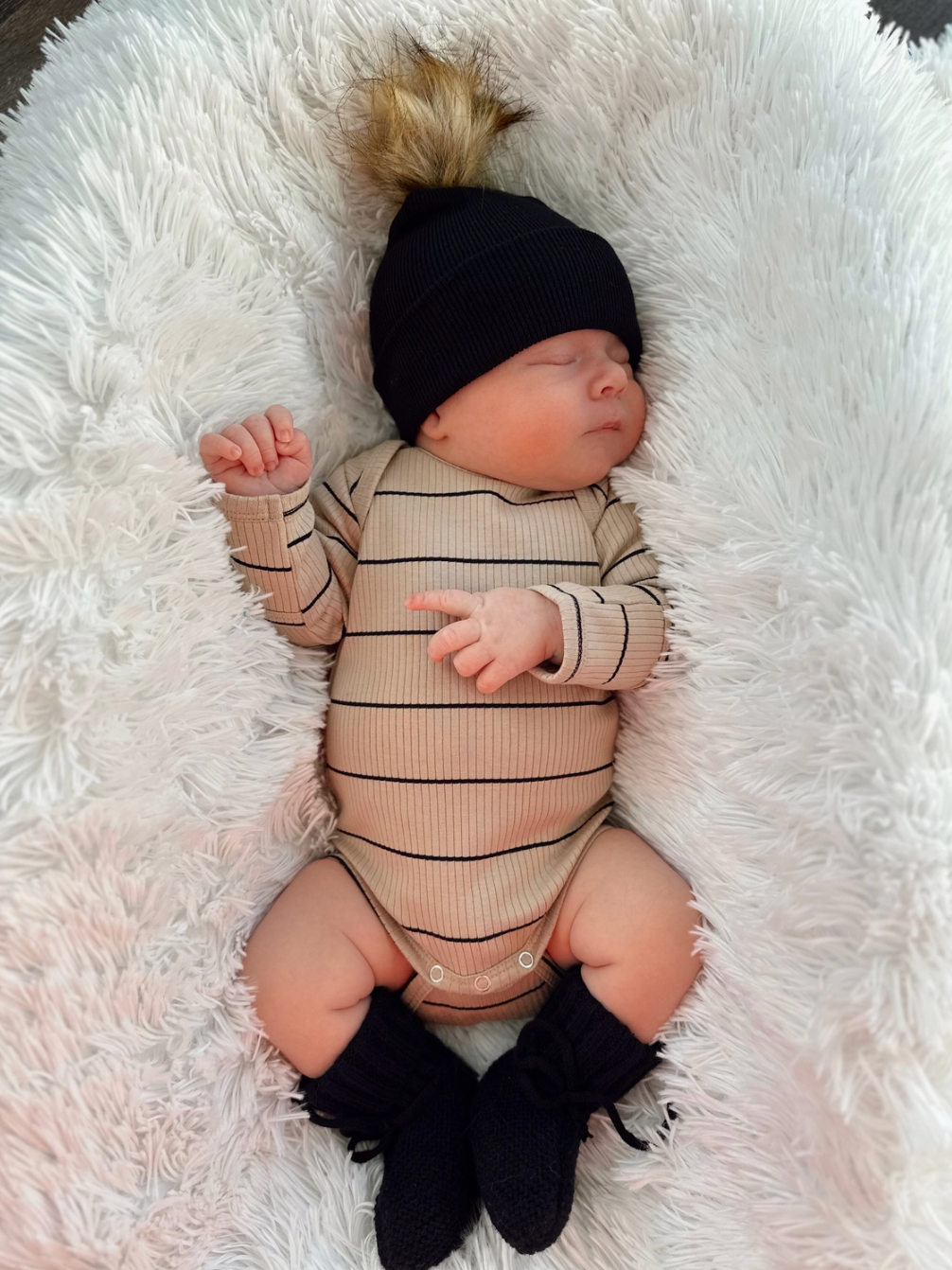 SIIX - Organic Ribbed Long Sleeve Onesie in Tan w/ Black Stripes