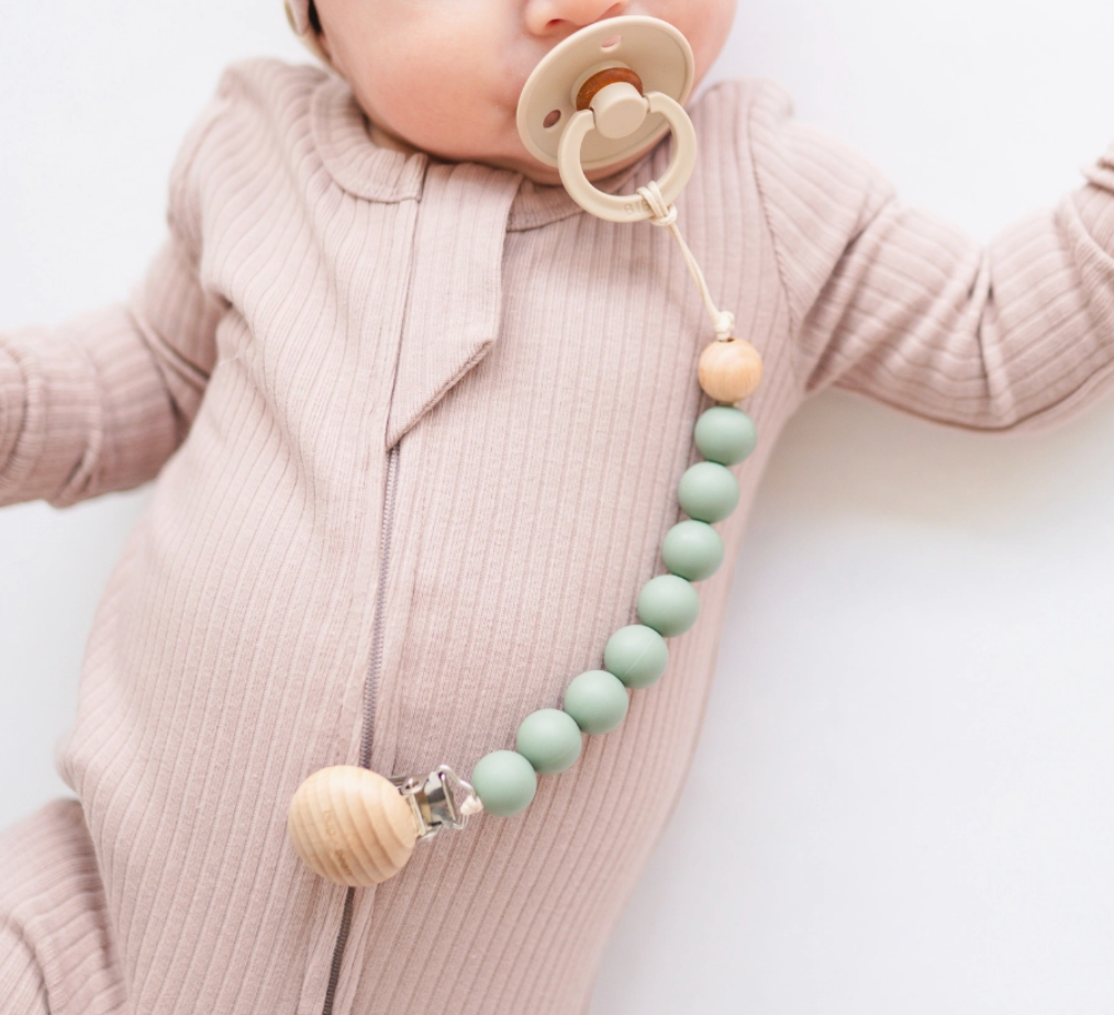 Silicone and Beech Wood Pacifier Clip - 4 colors available