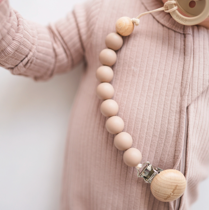 Silicone and Beech Wood Pacifier Clip - 4 colors available