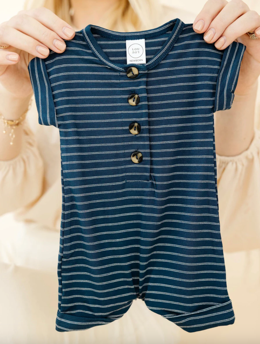 Lou Lou & Co - Infant Hank Romper in Navy w/ Micro Stripes