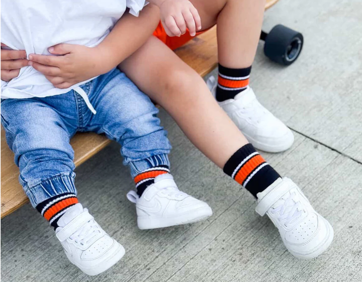 Kickin It Up Socks - Black with Orange/White Stripes