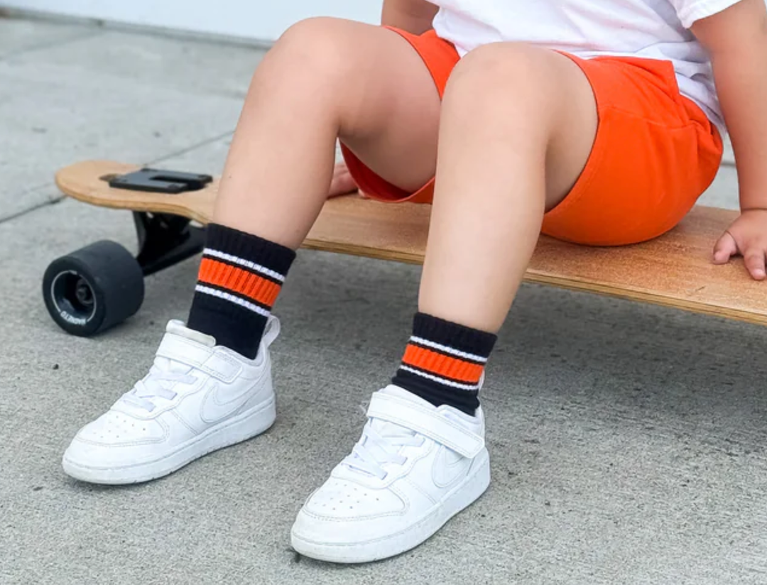 Kickin It Up Socks - Black with Orange/White Stripes