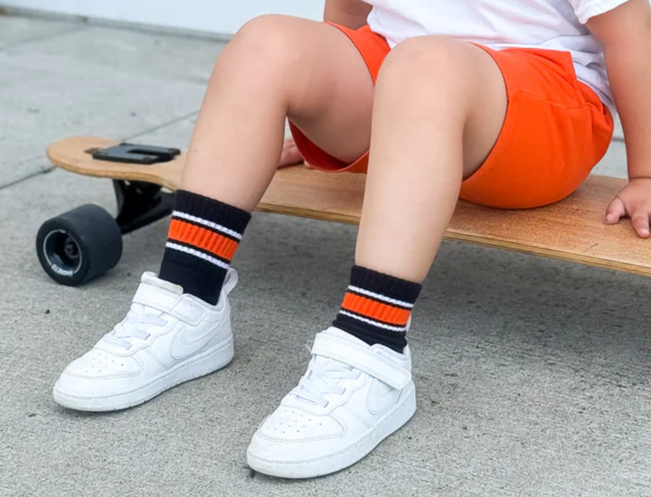 Kickin It Up Socks - Black with Orange/White Stripes