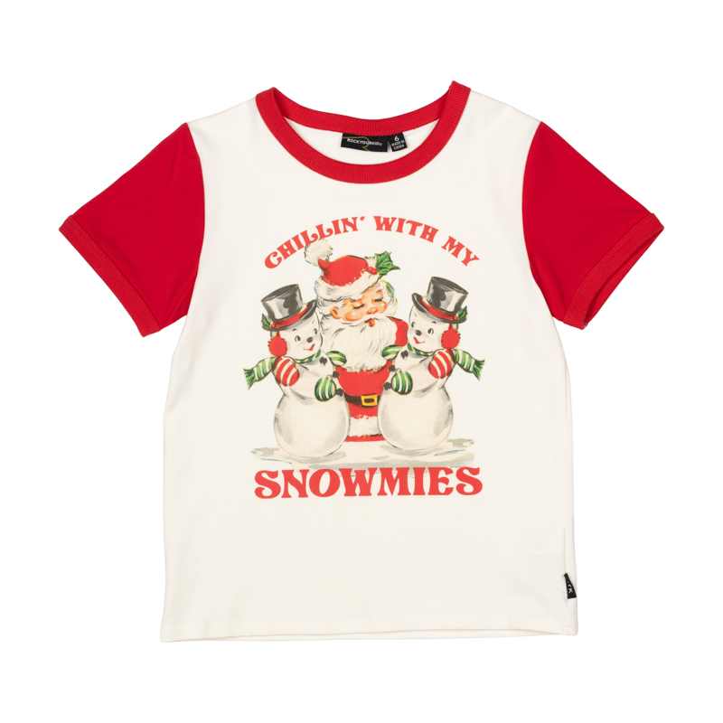 Rock Your Kid - Chillin' With My Snowmies Ringer Tee in Cream/Red