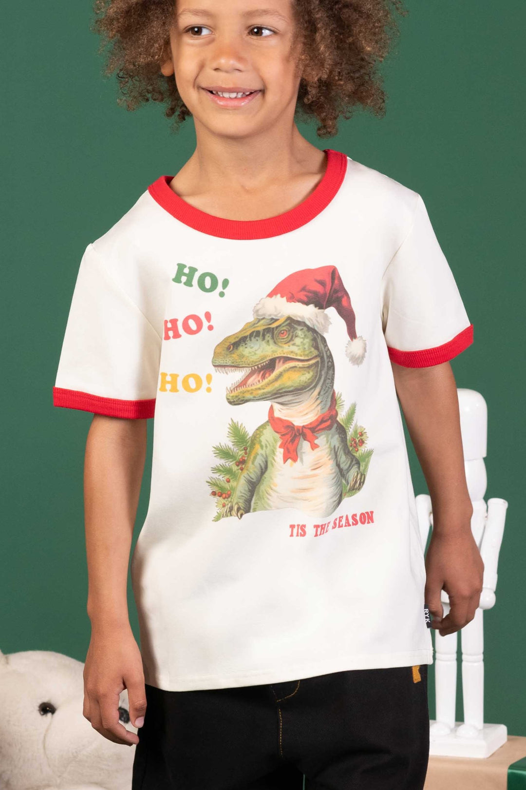 Rock Your Kid - HoHoHo Dino Ringer Tee in Cream