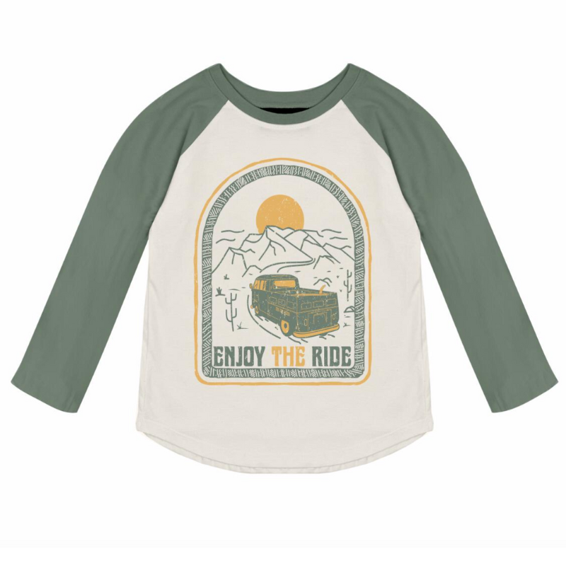 Tiny Whales Enjoy the Ride LS raglan tee in Forest