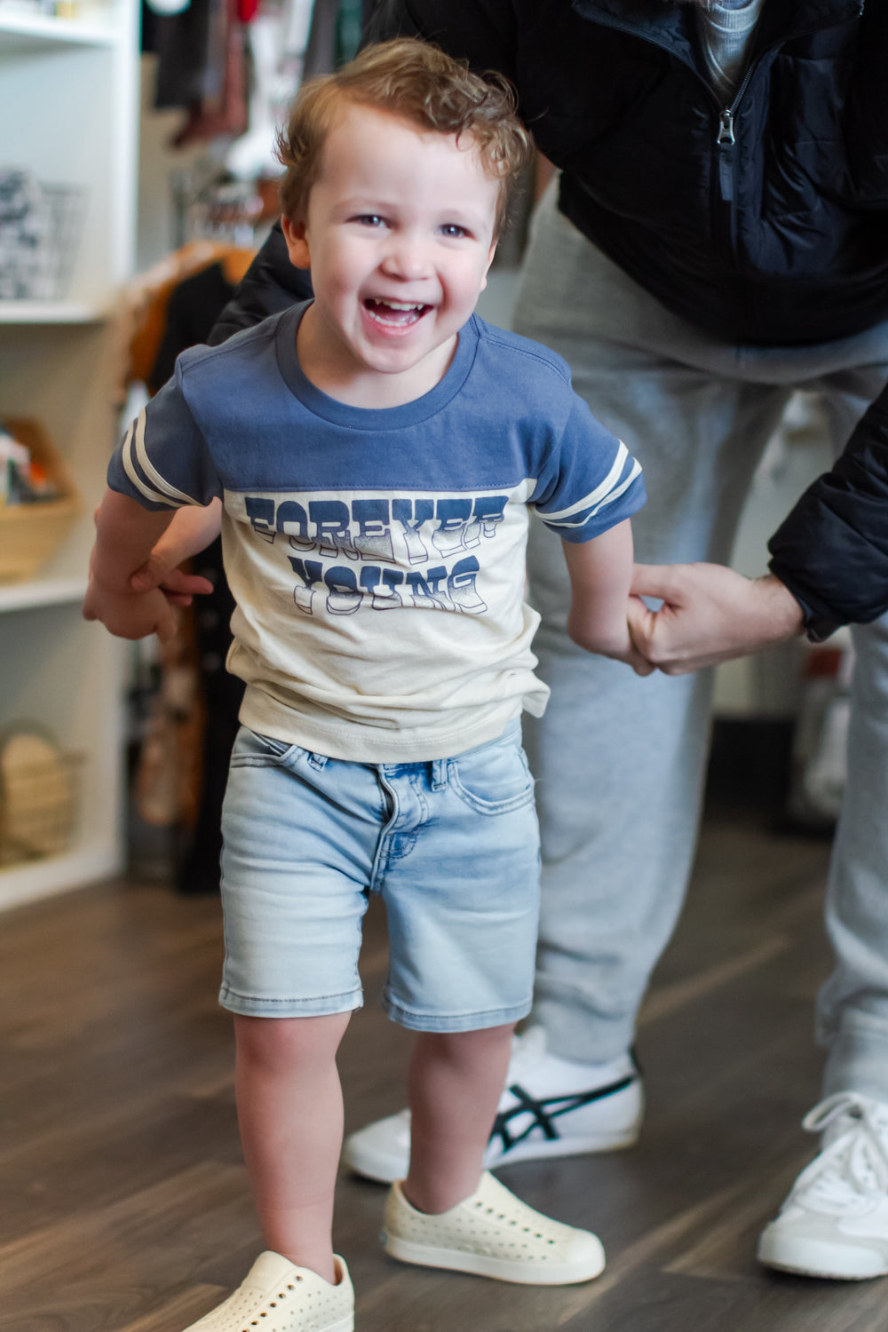 Tiny Whales Forever Young boys football tee