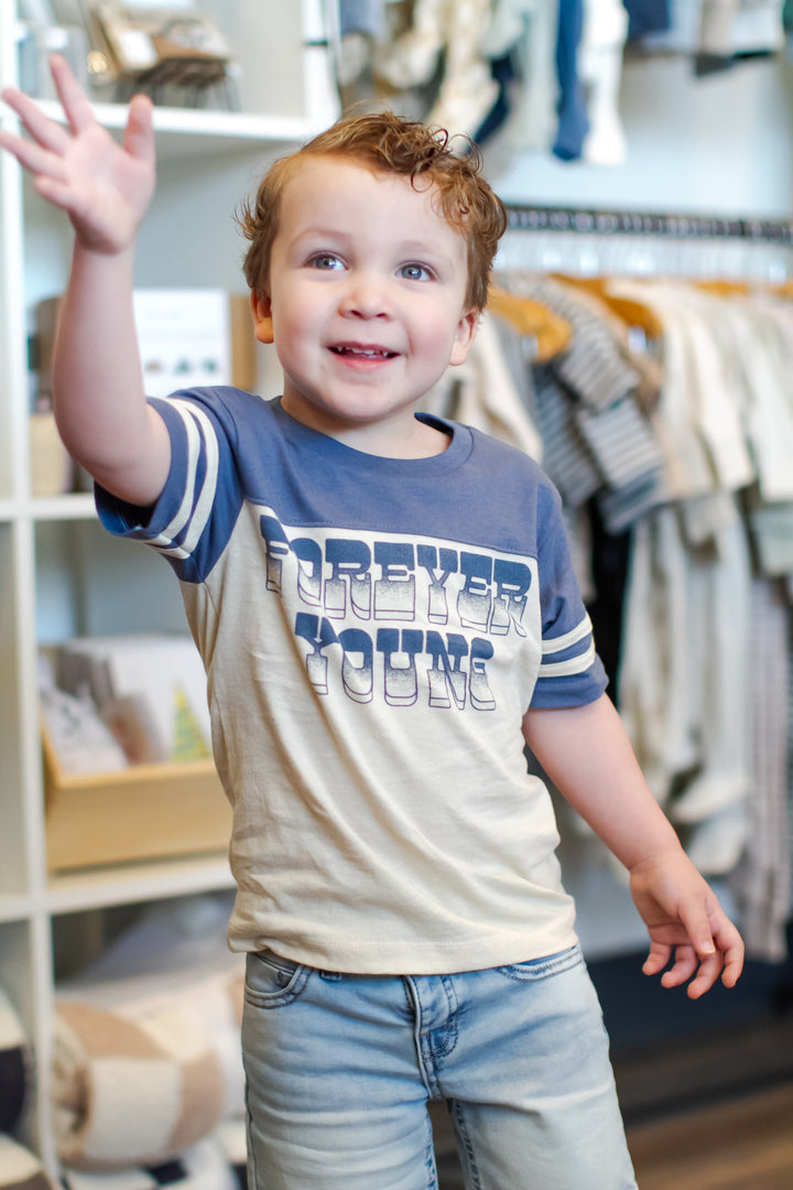 Tiny Whales Forever Young kids football tee