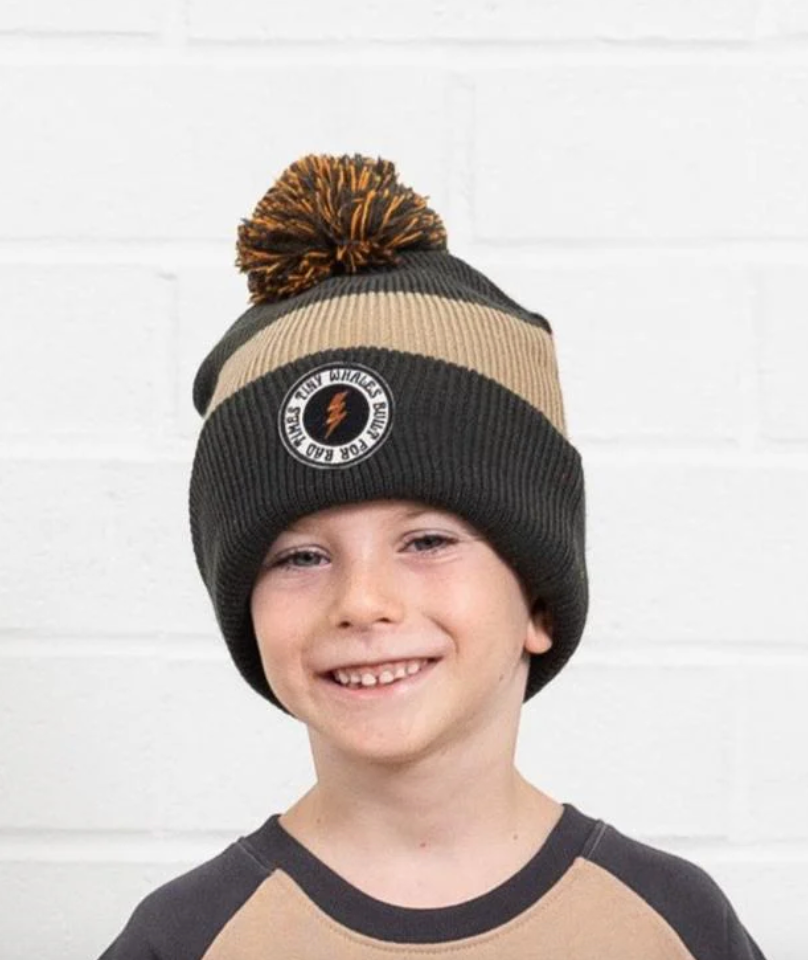 Tiny Whales tread lightly beanie in black