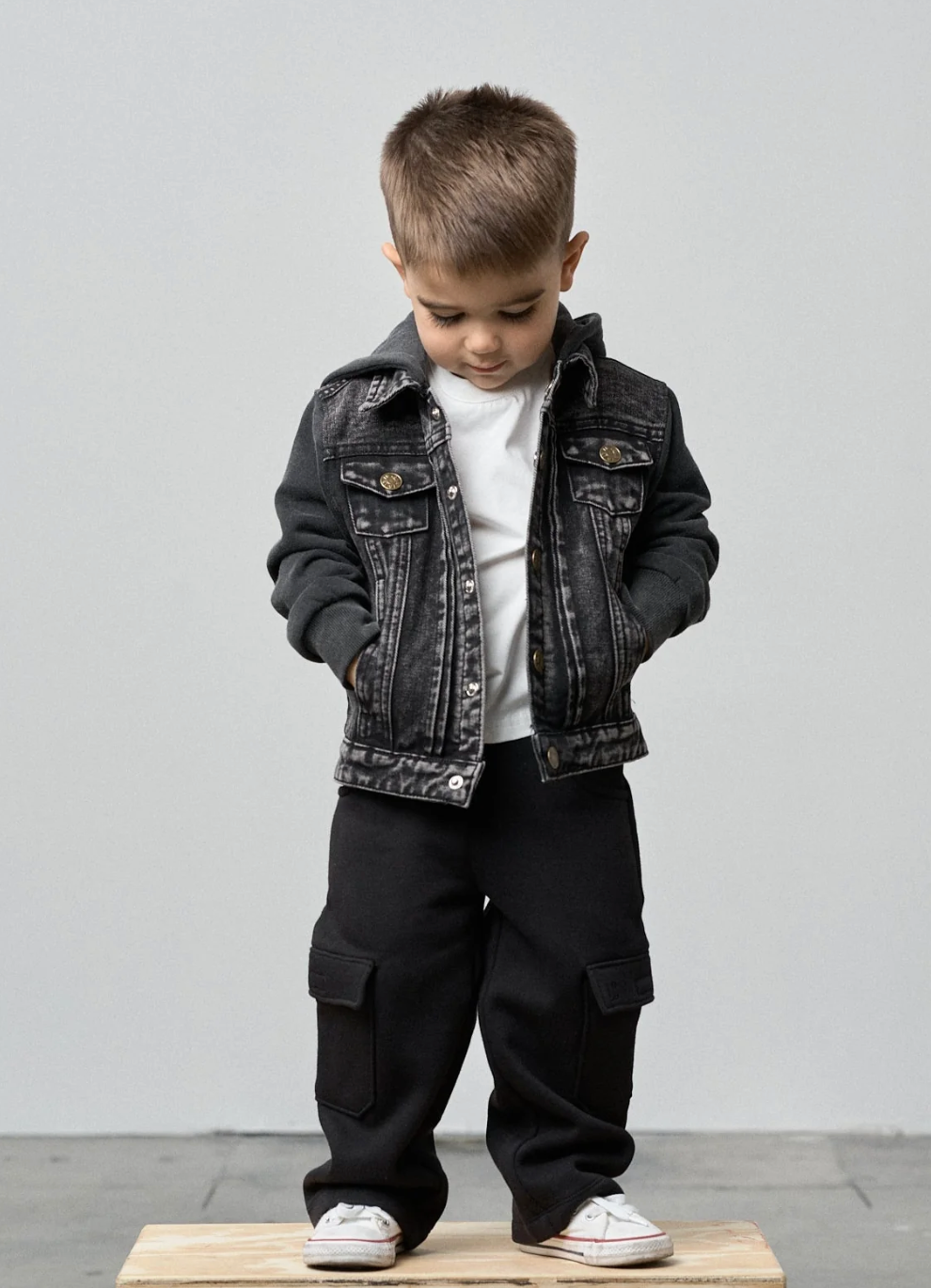 Toddler boys black jean jacket with fleece sleeves