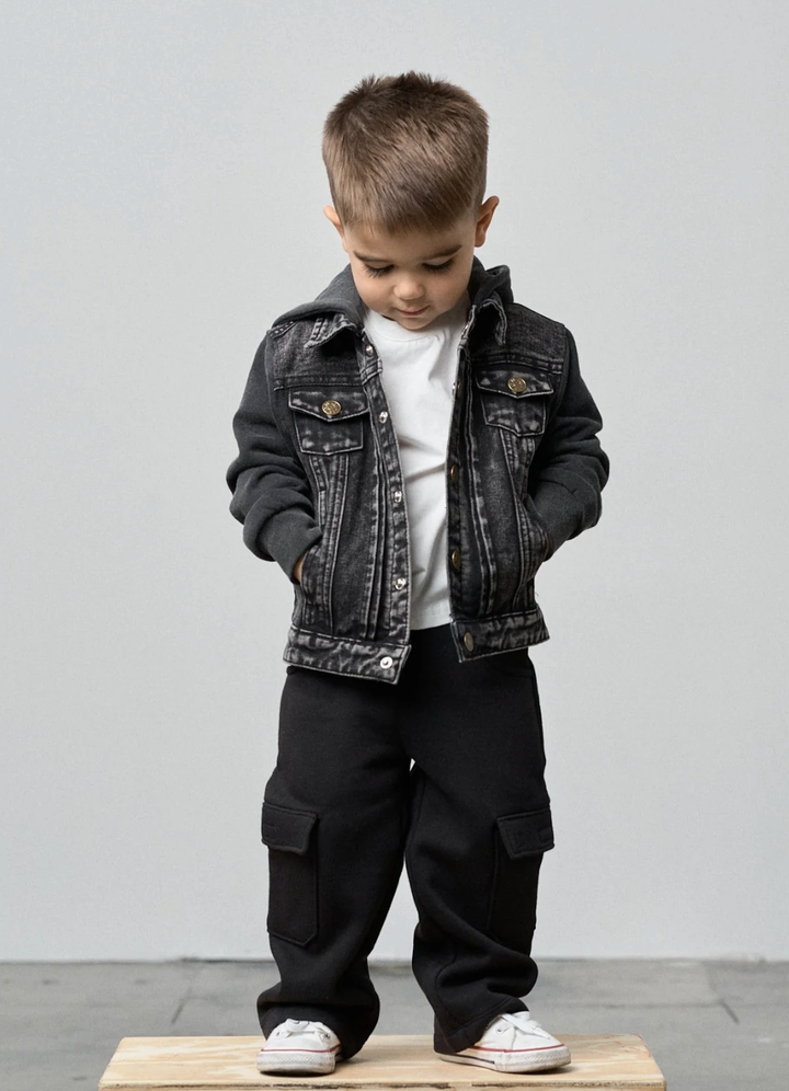 Toddler boys black jean jacket with fleece sleeves