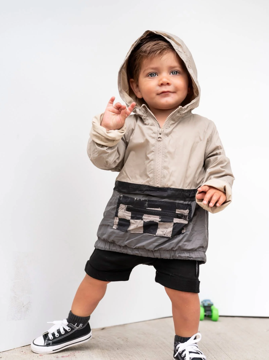 Toddler boys tan jacket with checkered pocket