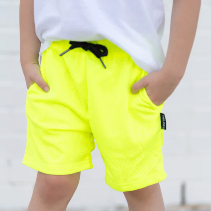 Trilogy Design Co neon yellow mesh shorts
