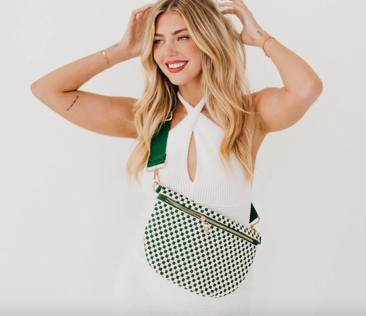 Women's emerald green woven checkered crossbody