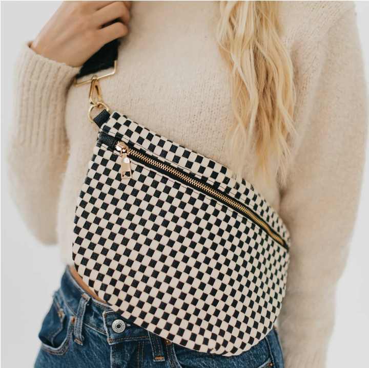 Womens black and cream checkered cross body purse