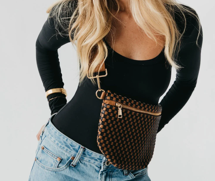 Womens brown and black woven checkered crossbody purse