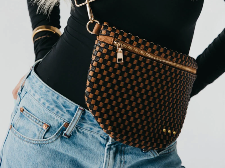 Womens brown and black woven checkered purse