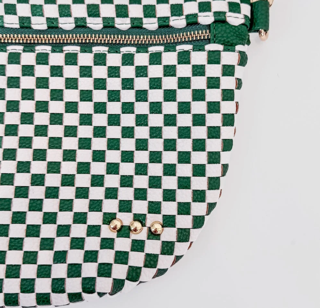 Womens green and white woven checkered crossbody purse