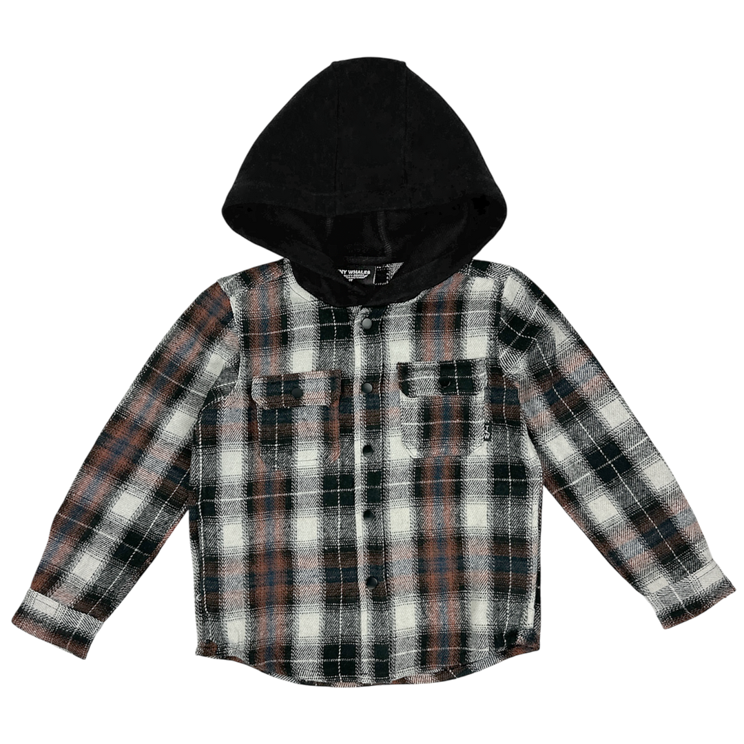 tiny Whales Woodsman hooded plaid shacket black white rust