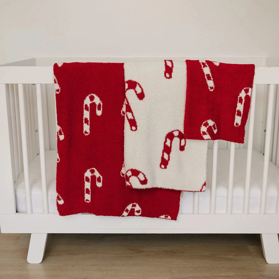 Mebie Baby - Candy Cane Plush Reversible Blanket in Red/White (3 sizes available)