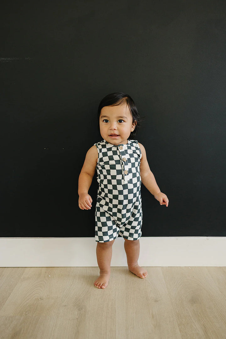Mebie Baby - Wavy Checkered Shortie Romper in Charcoal